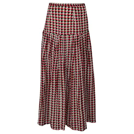 Autre Marque-Rixo Houndstooth Pleated Maxi Skirt in Red Print Silk-Other