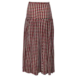 Autre Marque-Rixo Houndstooth Pleated Maxi Skirt in Red Print Silk-Other