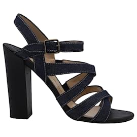 Paul Andrew-Paul Andrew Lotus 105 Sandals in Blue Denim and Black Calfskin Leather-Navy blue