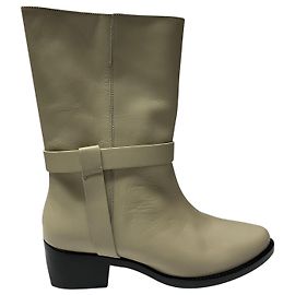 Autre Marque Legres Stacked-Heel Biker Boot in White Leather White