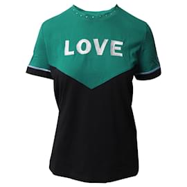 Maje-Maje Toevi Love Embroidered Bicolor T-Shirt in Green and Black Cotton-Green