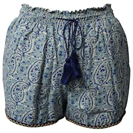 Talitha-Talitha Paisley Shorts with Beaded Trim in Blue Cotton-Blue