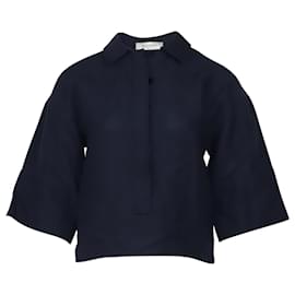 Valentino-Valentino Three-Quarter Sleeve Crop Top in Navy Blue Linen-Navy blue