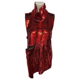 Autre Marque-Halpern Asymmetric Cutout Sequined Mini Dress in Red Polyester-Red