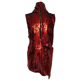 Autre Marque-Halpern Asymmetric Cutout Sequined Mini Dress in Red Polyester-Red