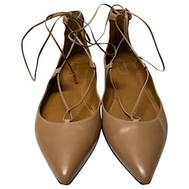Aquazzura-Aquazzura Christy Lace-up Ballet Flats in Tan Calfskin Leather-Brown,Beige