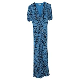 Autre Marque-Rixo Tonya Mono Tiger Button Down Midi Dress in Blue Print Polyester-Other