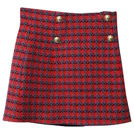 Sandro Paris Efira Gold Button Mini Skirt in Red Tweed Other Python print