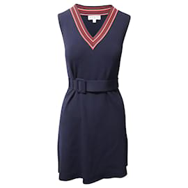 Claudie Pierlot-Claudie Pierlot Striped V-neck Knitted Dress in Navy Blue Viscose-Blue,Navy blue