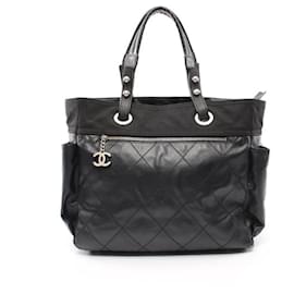Chanel-[Used] Chanel CHANEL Paris Biarritz GM Handbag Tote Bag Coated Canvas Leather Black Silver Hardware-Black