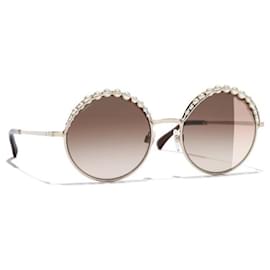 Chanel-óculos de sol redondos, metal e pérolas de imitação-Castanho claro