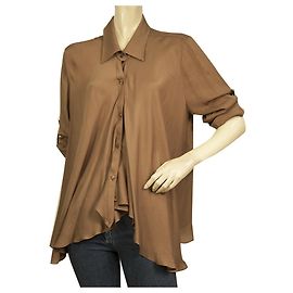 Escada Brown 100% Silk Button Down Draped Front Shirt Blouse Top Size 44 Brown