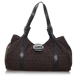 Fendi-Fendi Brown Zucchino Canvas Tote Bag-Brown,Black,Dark brown