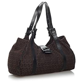 Fendi-Fendi Brown Zucchino Canvas Tote Bag-Brown,Black,Dark brown