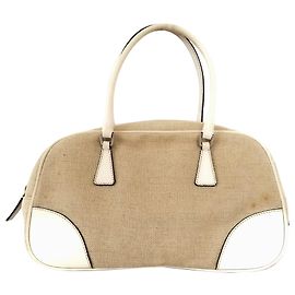 Prada Brown Canapa Bauletto Handbag Brown White Beige