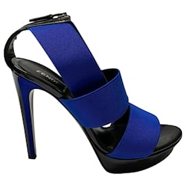 Fendi-Fendi Vernice Elastic Strap Sandals in Blue and Black Patent Leather-Blue