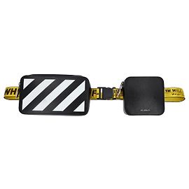 Off White Bolsa masculina com zíper esbranquiçada em couro preto e branco Preto