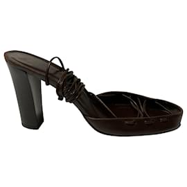 Bottega Veneta-Bottega Veneta Lace Up Strappy Sandals with Wooden Heels in Brown Leather-Brown