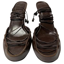 Bottega Veneta-Bottega Veneta Lace Up Strappy Sandals with Wooden Heels in Brown Leather-Brown