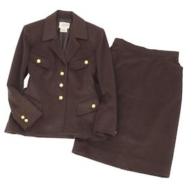 Hermès Vintage Hermes Suit Setup Wool Jacket Skirt Gold Button Ladies Brown Size 38 (M Equivalent) Brown
