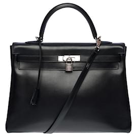 Hermès-Bolso Hermes Kelly raro y excepcional 35 bandolera devuelta en cuero box negro, adornos de metal plateado paladio-Negro