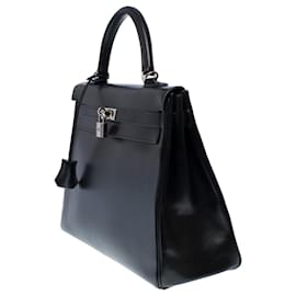 Hermès-Rare & Exceptionnel sac à main Hermes Kelly 35 retourné bandoulière en cuir box noir, garniture en métal argent palladium-Noir