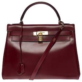 Hermès-Magnificent Hermès Kelly handbag 32 turned shoulder strap in burgundy leather (Red H), gold plated metal trim-Dark red