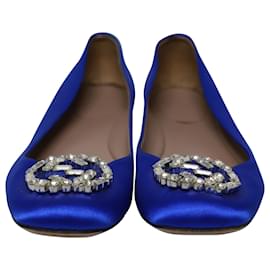 Gucci-Gucci GG Crystal Embellished Flats in Blue Satin-Blue