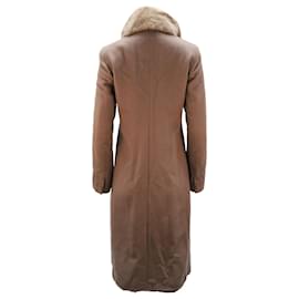 Max Mara-Max Mara Long Jacket with Faux Fur Collar in Brown Alpaca Fibre-Brown