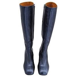Marni-Marni Square-Toe Boots in Metallic Blue Leather-Blue