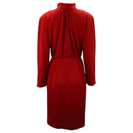 Oscar de la Renta-Oscar De La Renta Long Sleeve Buttoned Midi Dress in Red Wool-Red