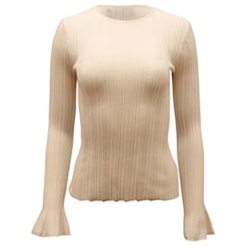 Theory-Theory Linear Knit Bell-Sleeve Top in White Ecru Wool-White,Cream