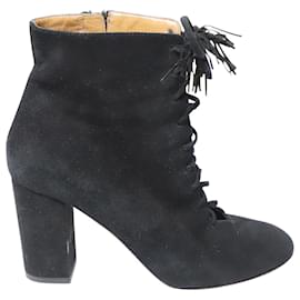 Aquazzura-Aquazzura Lace-Up Tassle Ankle Boots in Black Suede -Black