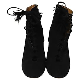 Aquazzura-Aquazzura Lace-Up Tassle Ankle Boots in Black Suede -Black