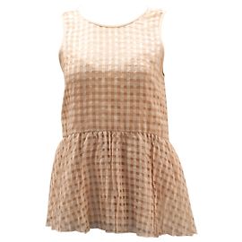 Tibi Checkered Peplum Top in Peach Rayon Pink Peach