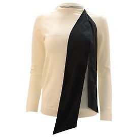 Sweater de Lã Escada com Enfeite de Laço em Lã Marfim Branco Cru