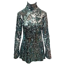 Autre Marque-Halpern Sequined Tulle Turtleneck Mini Dress in Silver Polyester-Other,Python print