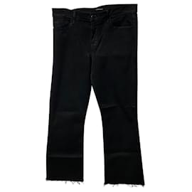 J Brand-J Brand Selena Mid Rise Raw Hem Crop Jeans in Black Cotton-Black