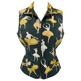 Chaleco vintage Hermès en sarga de seda con estampado de bailarina Verde