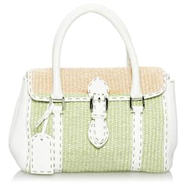Fendi-Sac à main en raphia marron Selleria Linda Fendi-Marron,Blanc,Marron clair