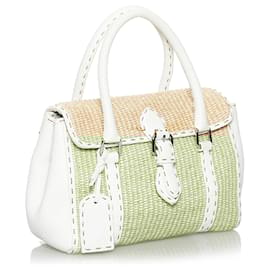 Fendi-Sac à main en raphia marron Selleria Linda Fendi-Marron,Blanc,Marron clair