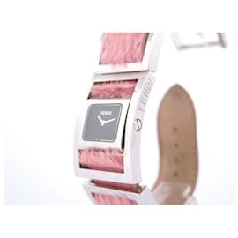 Fendi-FENDI REVERSIBLE QUARTZ STEEL WATCH PINK FUR AND LEATHER STRAP WATCH-Pink