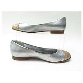Chanel-CHANEL SHOES BALLERINAS G23536 36.5 TWO-TONE LEATHER SILVER & GOLD SHOES-Silvery