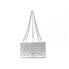 Chanel-CHANEL TIMELESS JUMBO A HANDBAG58600 LARGE CLASSIC SILVER LEATHER PURSE-Silvery