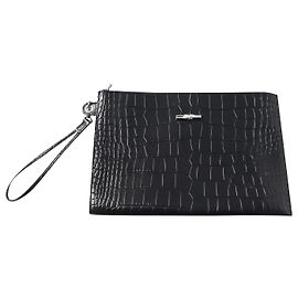 Longchamp Roseau Croc Embossed Clutch in Black Leather Black