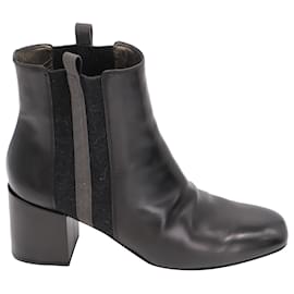 Brunello Cucinelli-Ankle boot Brunello Cucinelli com listra de cashmere em couro preto-Preto