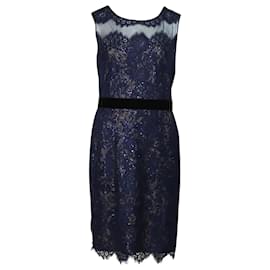 Autre Marque-Marchesa Notte Lace Sequined Midi Dress in Blue Polyester-Blue