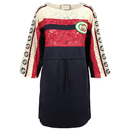 Gucci-Logo Gucci et robe bordée de dentelle-Multicolore