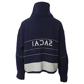 Sacai-Sacai Turtleneck Cardigan Sweater in Blue Wool-Navy blue
