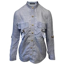 Balmain-Balmain Shirt with Adjustable Sleeves with Pockets in Blue Linen-Blue